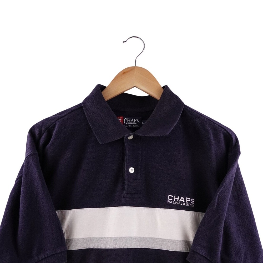 Chaps Ralph Lauren‎ Mens L Navy White Stripe Short Sleeve Polo Shirt Y2K